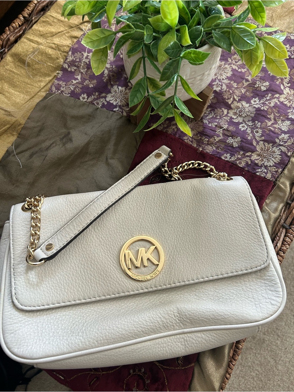 Michael Kors White Pebbled Leather Mini Crossbody with Gold MK Medallion